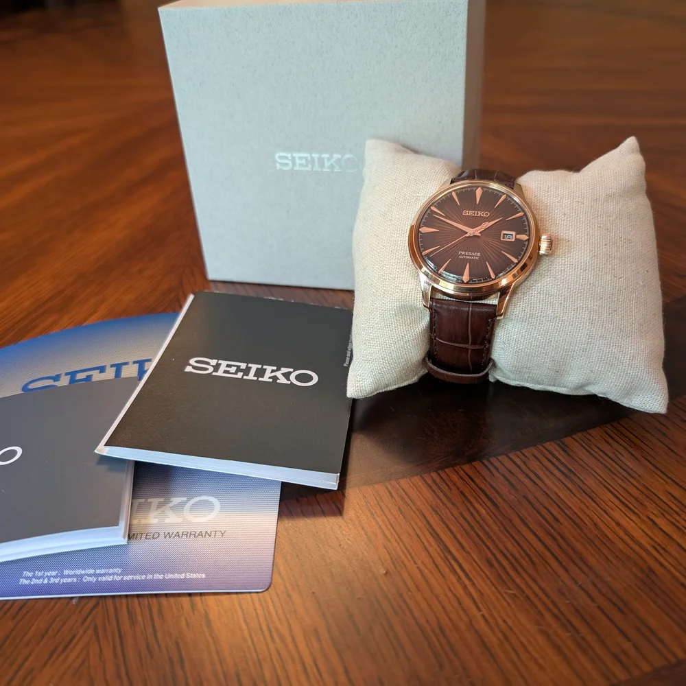 Seiko Gold-Tone Case with Brown Sunburst Dial and Brown Leather Strap